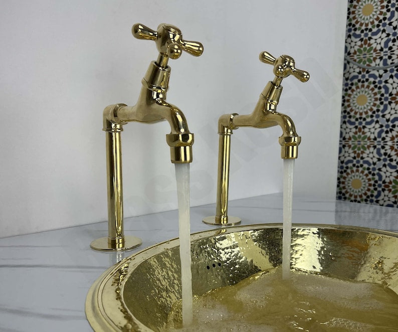 Polished Brass Tall Pillar Basin Taps