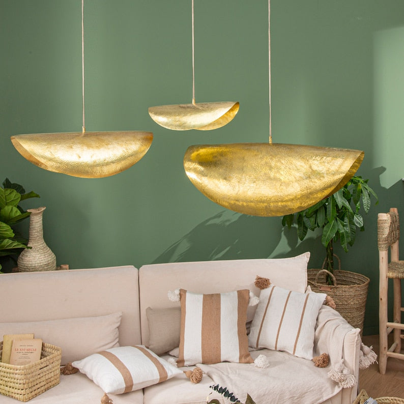 Hand-Hammered Polished Brass Crescent Pendant Set