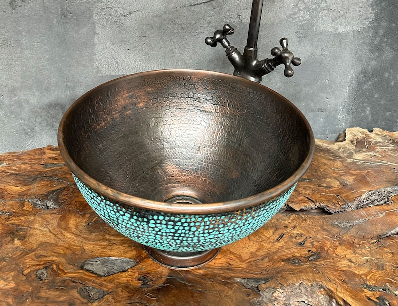 Rustic Verdigris Copper Bowl Basin with Antique Interior