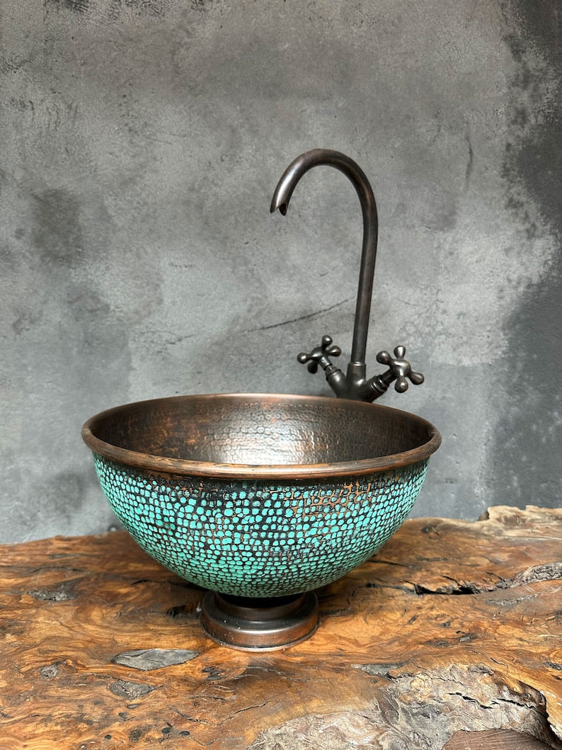 Rustic Verdigris Copper Bowl Basin with Antique Interior