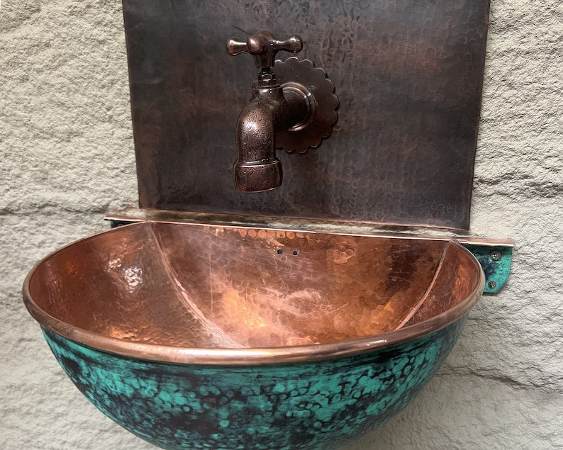 Antique Copper Engraved Wall Tap with Scalloped Backplate