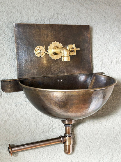 Artisan Widespread Brass Wall Faucet with Scalloped Backplate