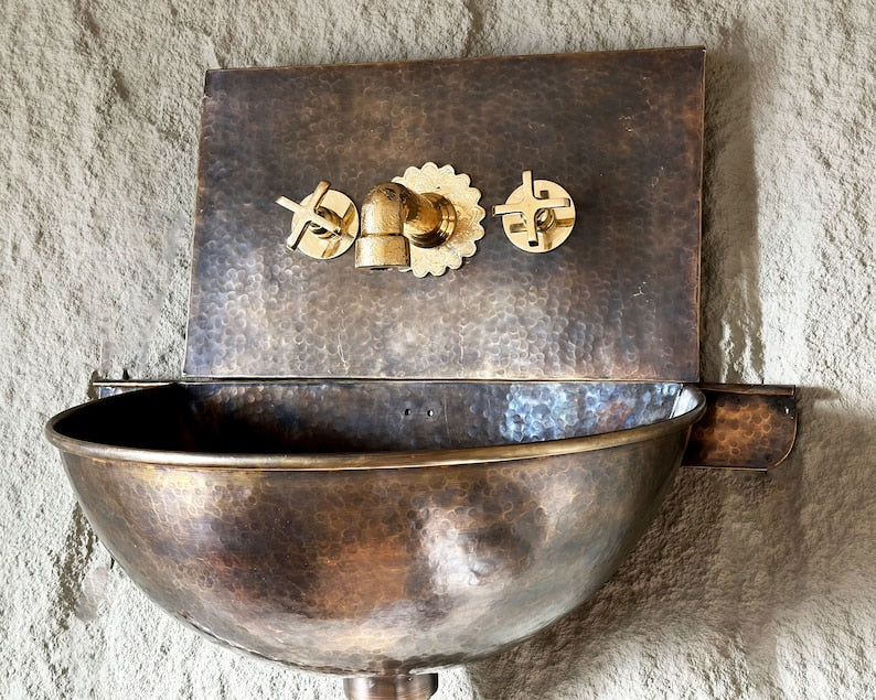 Artisan Widespread Brass Wall Faucet with Scalloped Backplate