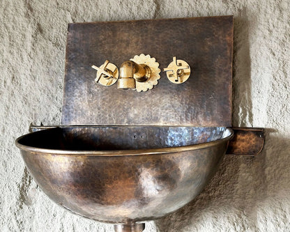 Artisan Widespread Brass Wall Faucet with Scalloped Backplate