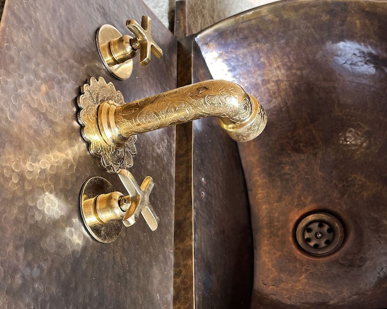 Artisan Widespread Brass Wall Faucet with Scalloped Backplate