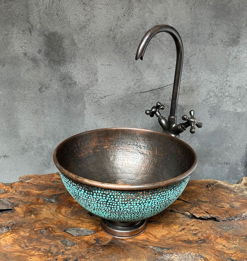 Rustic Verdigris Copper Bowl Basin with Antique Interior