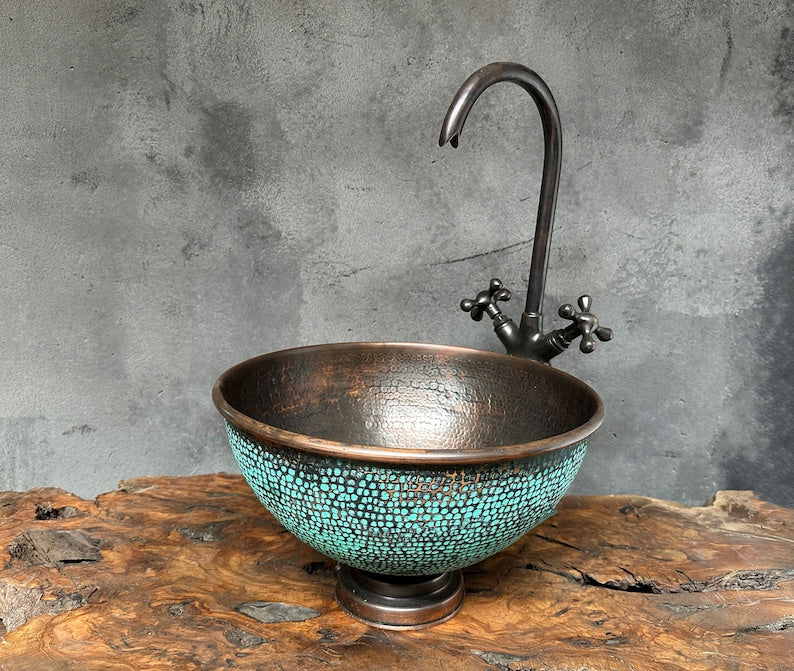 Rustic Verdigris Copper Bowl Basin with Antique Interior