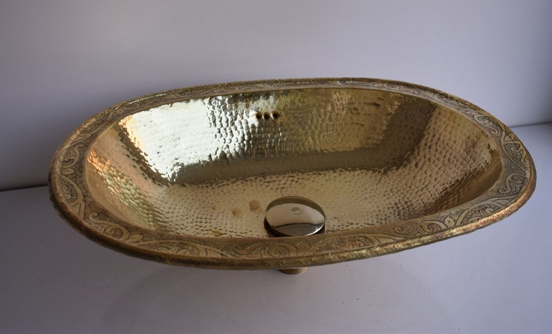Hand-Engraved Hammered Brass Oval Drop-In Sink