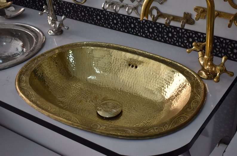 Hand-Engraved Hammered Brass Oval Drop-In Sink