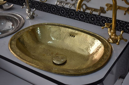 Hand-Engraved Hammered Brass Oval Drop-In Sink
