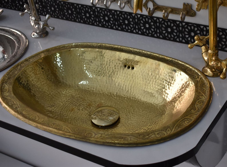 Hand-Engraved Hammered Brass Oval Drop-In Sink
