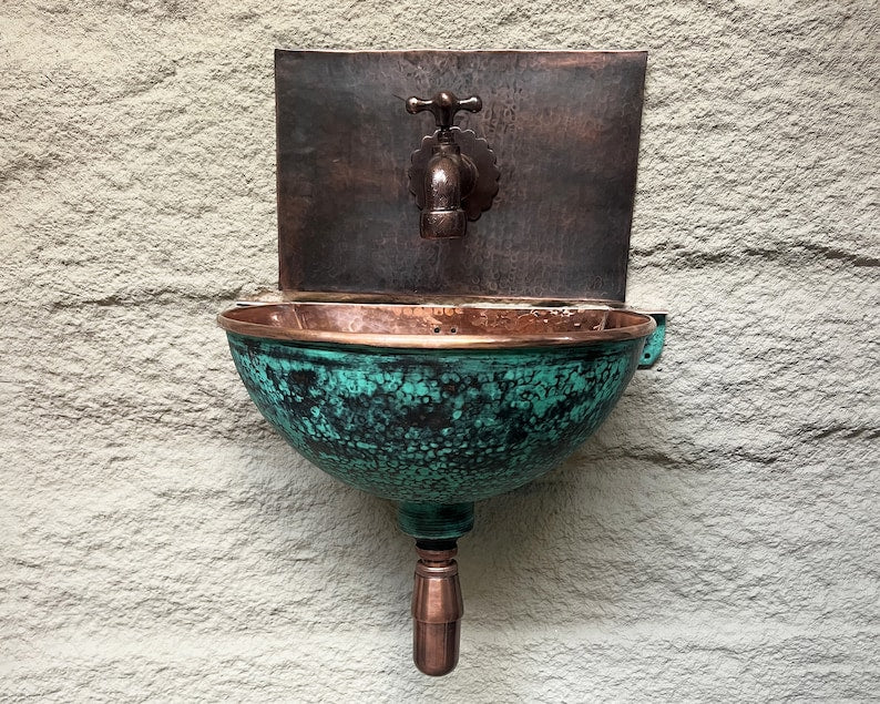 Antique Copper Engraved Wall Tap with Scalloped Backplate
