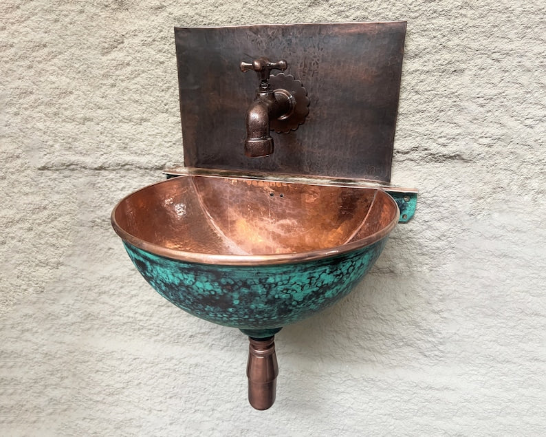 Antique Copper Engraved Wall Tap with Scalloped Backplate