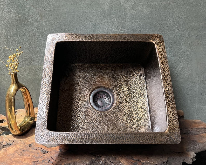 Square Hand-Hammered Dark Antique Copper Sink