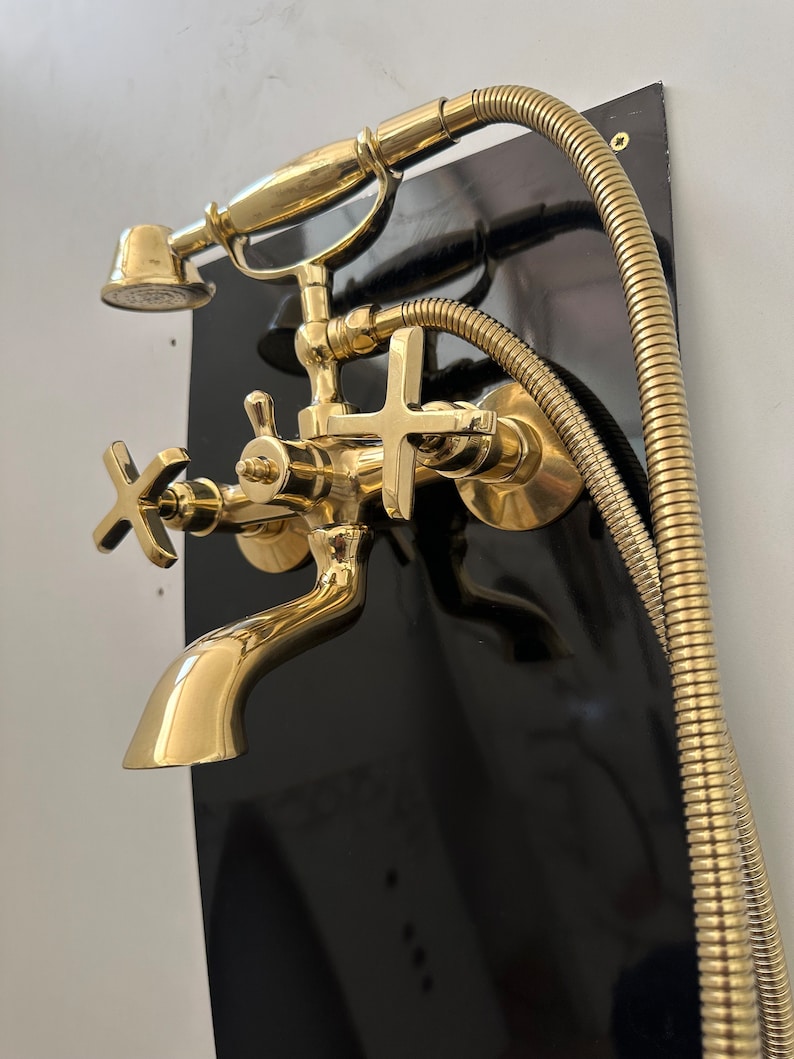 Unlacquered Brass Wall-Mounted Bath Filler with Hand Sprayer