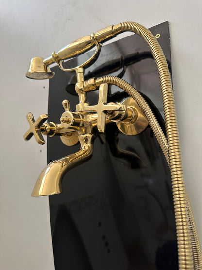 Unlacquered Brass Wall-Mounted Bath Filler with Hand Sprayer