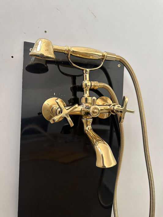 Unlacquered Brass Wall-Mounted Bath Filler with Hand Sprayer