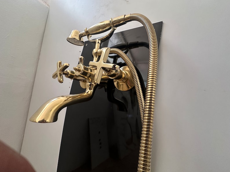 Unlacquered Brass Wall-Mounted Bath Filler with Hand Sprayer