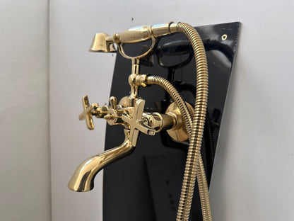 Unlacquered Brass Wall-Mounted Bath Filler with Hand Sprayer