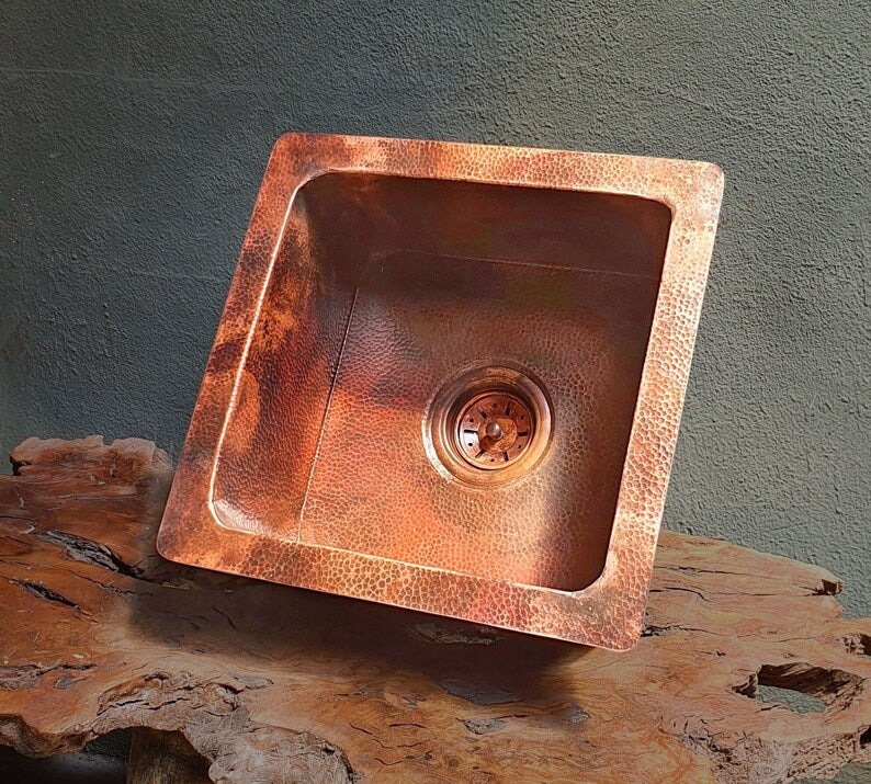 Hand-Hammered Square Copper Prep and Bar Sink