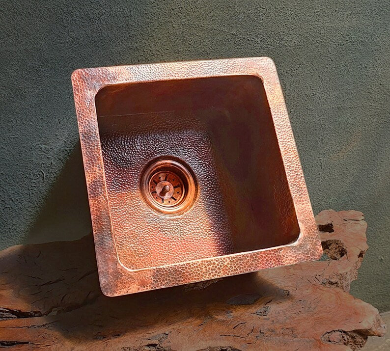 Hand-Hammered Square Copper Prep and Bar Sink