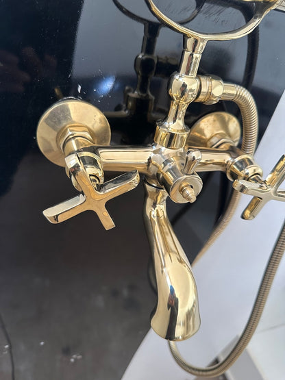 Unlacquered Brass Wall-Mounted Bath Filler with Hand Sprayer