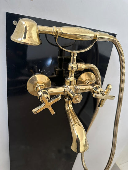 Unlacquered Brass Wall-Mounted Bath Filler with Hand Sprayer
