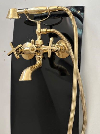 Unlacquered Brass Wall-Mounted Bath Filler with Hand Sprayer