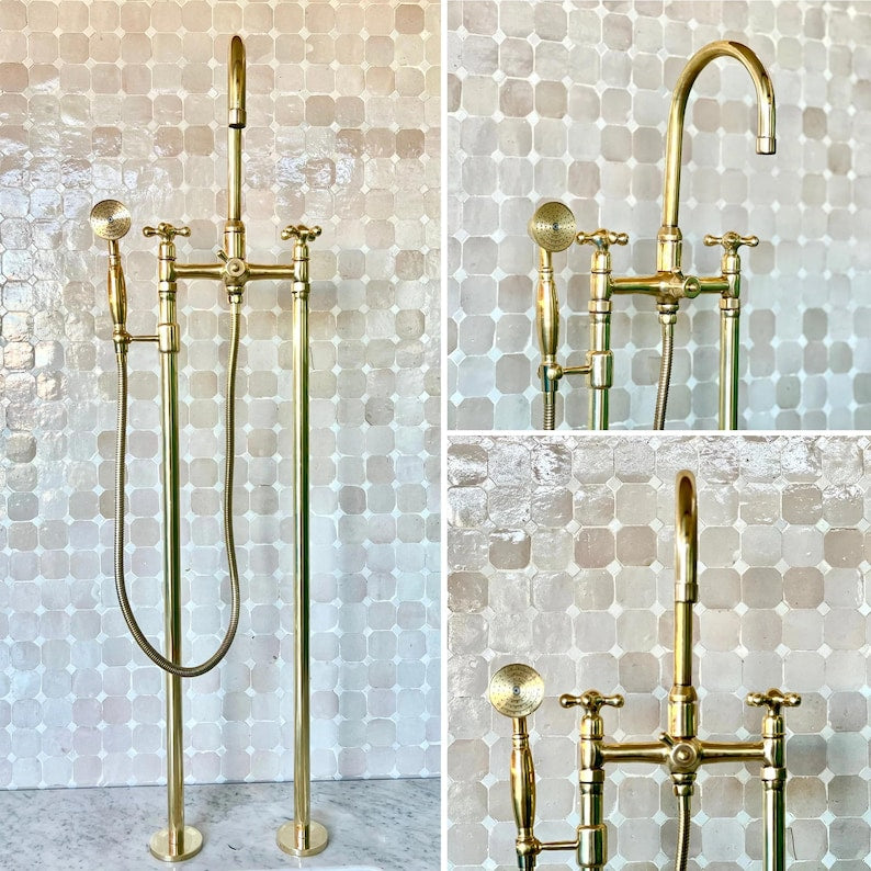 Floor-Mounted Unlacquered Brass Tub Filler