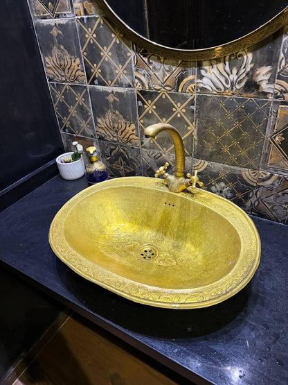 Engraved Oval Brass Drop-In Sink