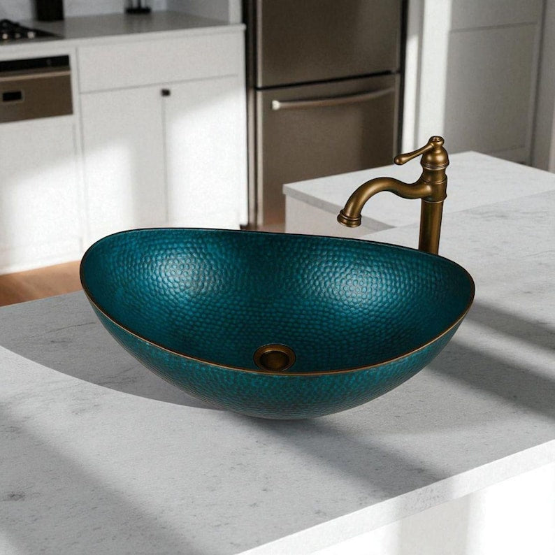 Teal Hammered Copper Oval Sink