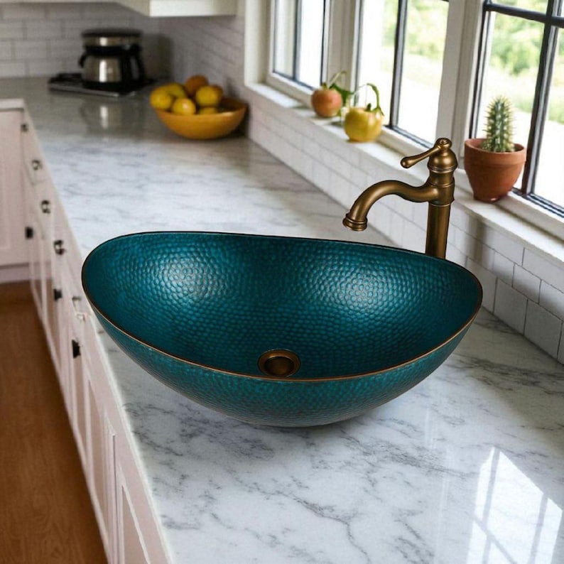 Teal Hammered Copper Oval Sink