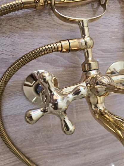 Engraved Unlacquered Brass Wall-Mount Shower Set