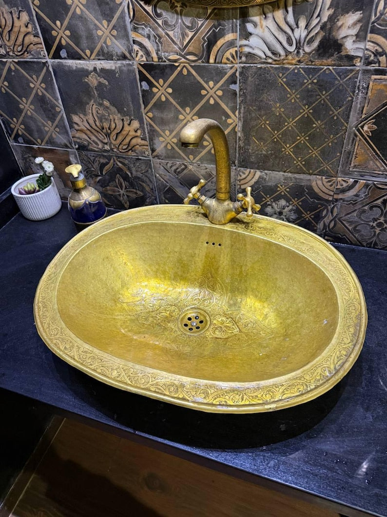 Engraved Oval Brass Drop-In Sink