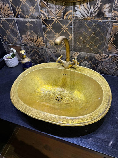 Engraved Oval Brass Drop-In Sink