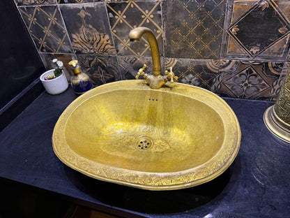 Engraved Oval Brass Drop-In Sink