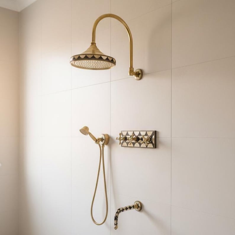 Artisan Unlacquered Brass Shower Set with Curved Gooseneck Arm