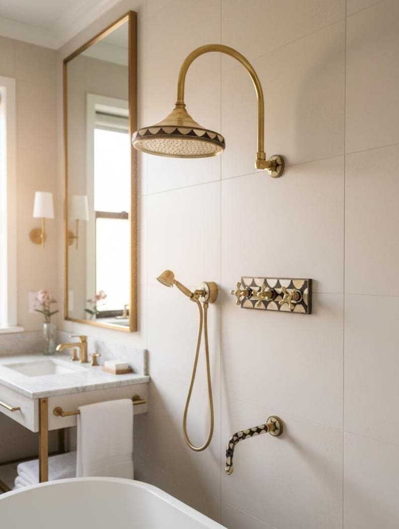 Artisan Unlacquered Brass Shower Set with Curved Gooseneck Arm