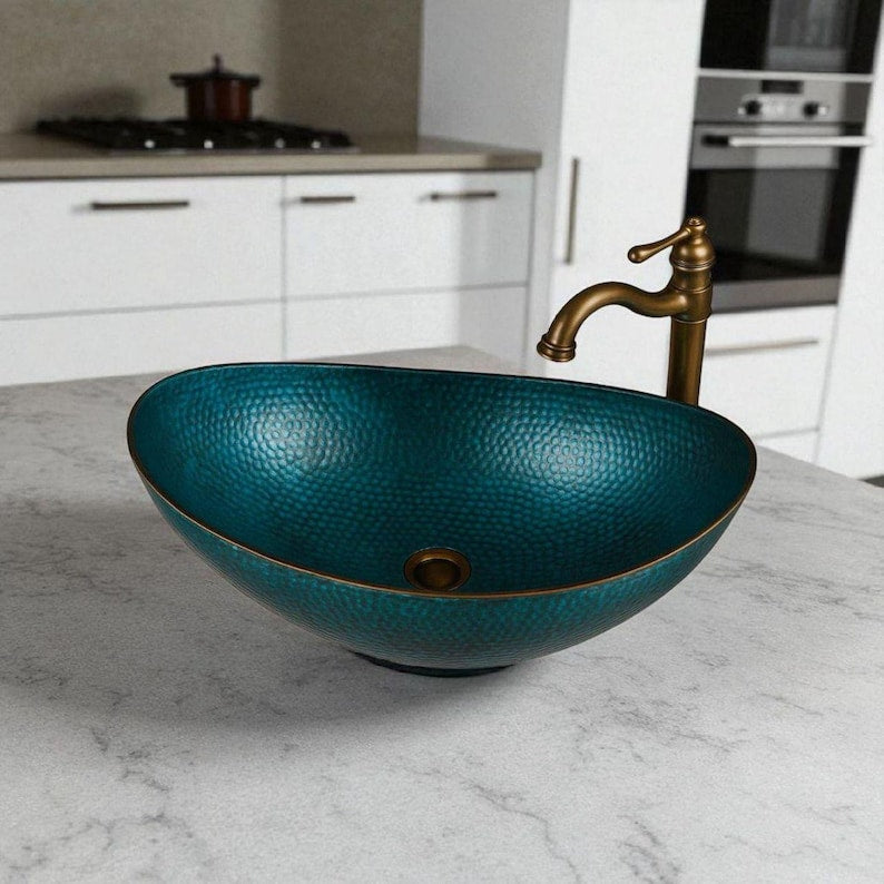 Teal Hammered Copper Oval Sink