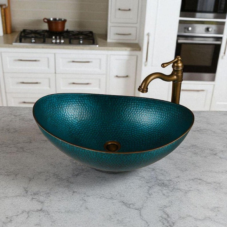 Teal Hammered Copper Oval Sink