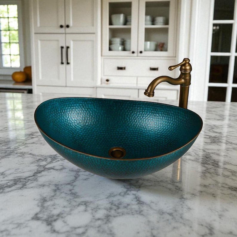 Teal Hammered Copper Oval Sink