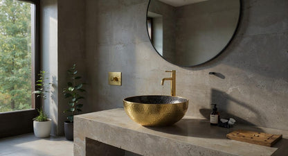 Hammered Brass Vessel Sink with Midnight Interior
