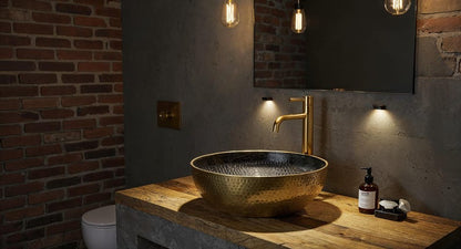 Hammered Brass Vessel Sink with Midnight Interior