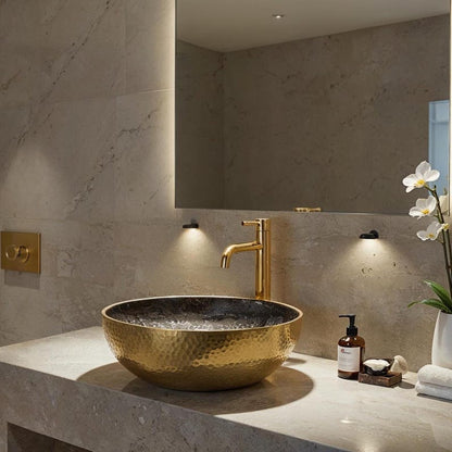Hammered Brass Vessel Sink with Midnight Interior