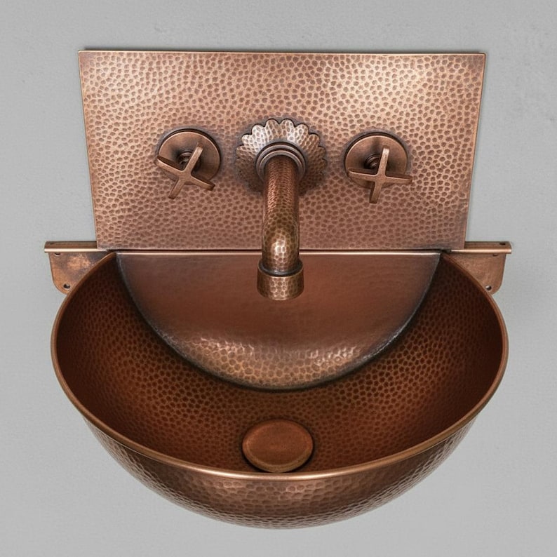 Hand-Hammered Moroccan Copper Wall-Mount Sink with Textured Backsplash