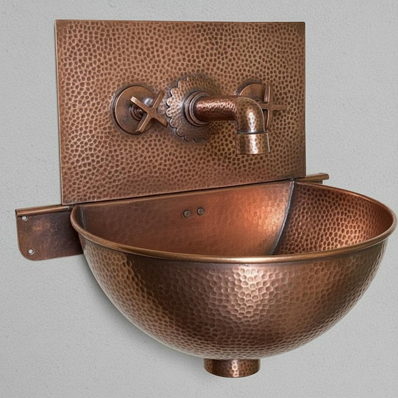 Hand-Hammered Moroccan Copper Wall-Mount Sink with Textured Backsplash
