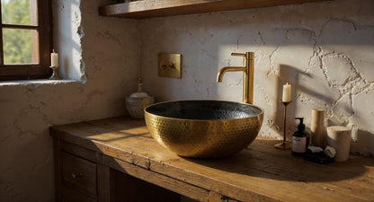 Hammered Brass Vessel Sink with Midnight Interior