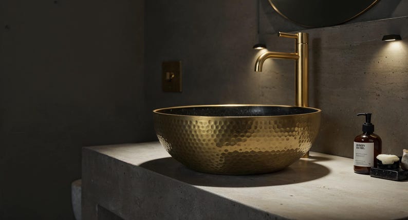 Hammered Brass Vessel Sink with Midnight Interior