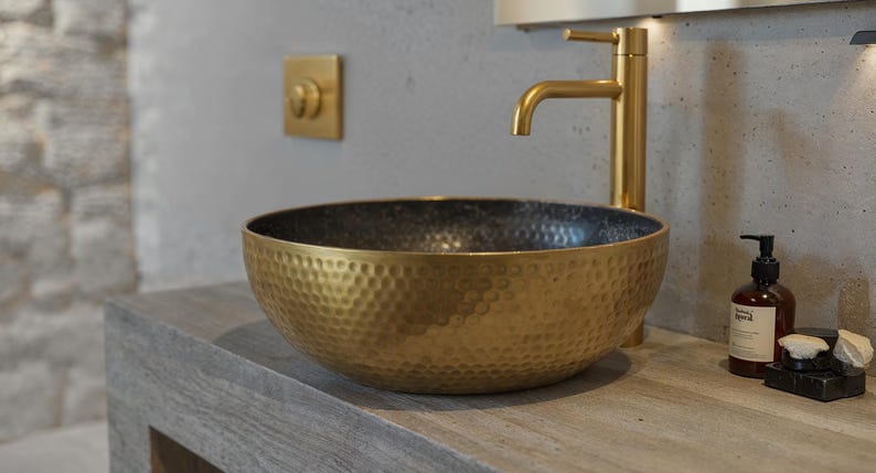 Hammered Brass Vessel Sink with Midnight Interior