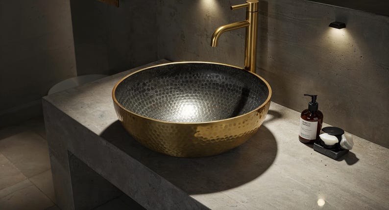 Hammered Brass Vessel Sink with Midnight Interior